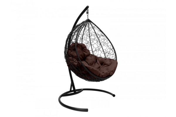 Подвесное кресло Кокон Капля ротанг каркас чёрный-подушка коричневая