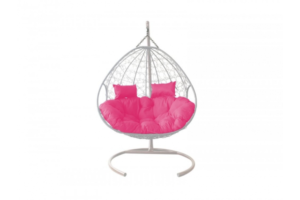 Подвесное кресло Кокон Для двоих ротанг каркас белый-подушка розовая