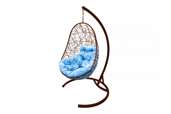 Подвесное кресло Кокон Овал ротанг каркас коричневый-подушка голубая