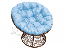 Кресло Папасан пружинка с ротангом каркас коричневый-подушка голубая