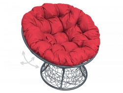 Кресло Папасан пружинка с ротангом каркас серый-подушка красная