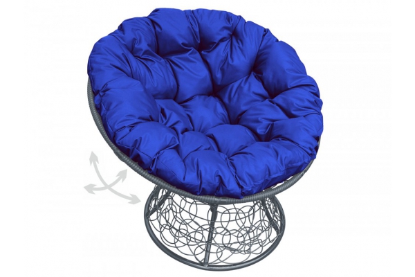 Кресло Папасан пружинка с ротангом каркас серый-подушка синяя