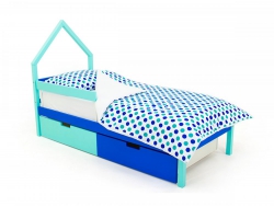 Кровать-домик мини Svogen ящики и бортик мятно-синий
